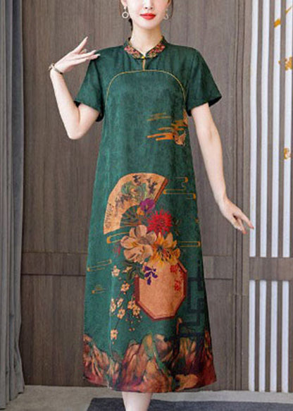 Green 2025 Silk Cheongsam Dress Stand Collar Side Open Short Sleeve