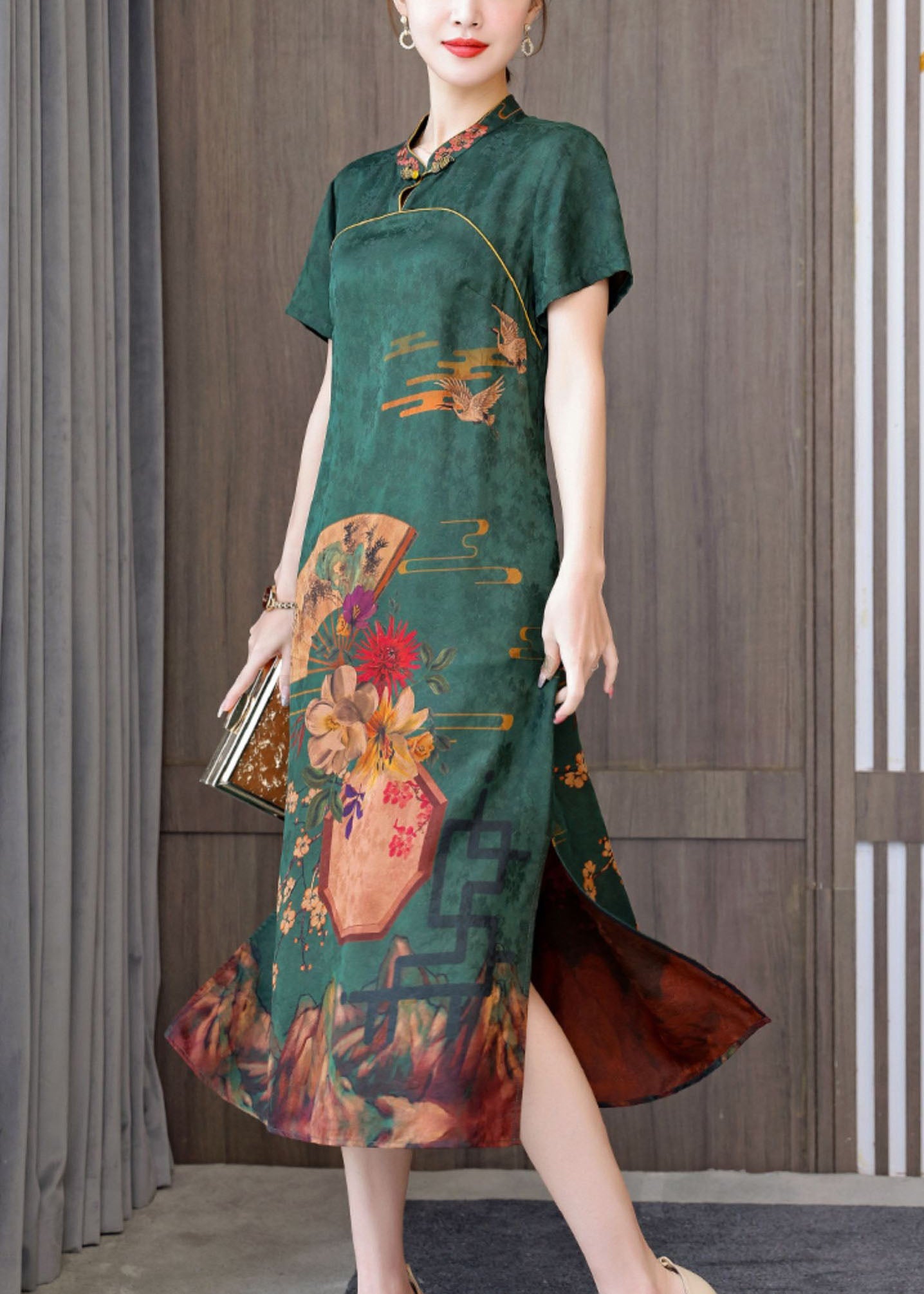 Green 2025 Silk Cheongsam Dress Stand Collar Side Open Short Sleeve