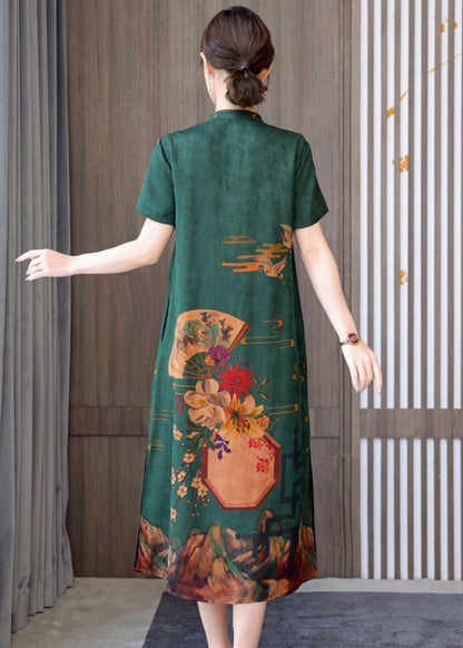 Green 2025 Silk Cheongsam Dress Stand Collar Side Open Short Sleeve