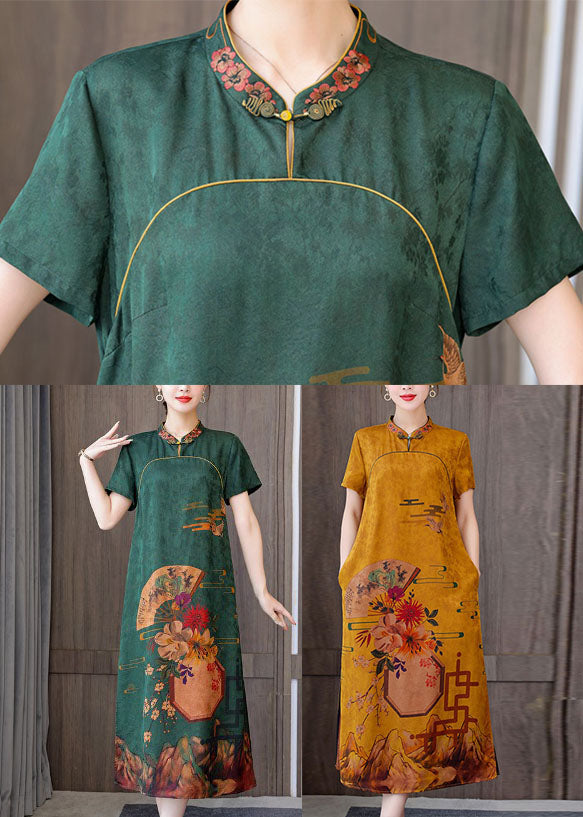 Green 2025 Silk Cheongsam Dress Stand Collar Side Open Short Sleeve