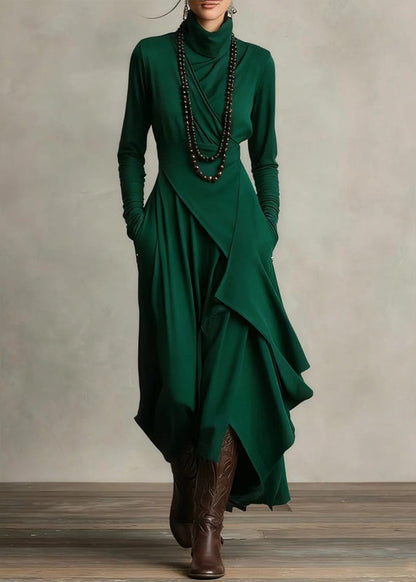Green Turtleneck Patchwork Solid Maxi Dress Fall