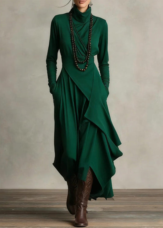 Green Turtleneck Patchwork Solid Maxi Dress Fall