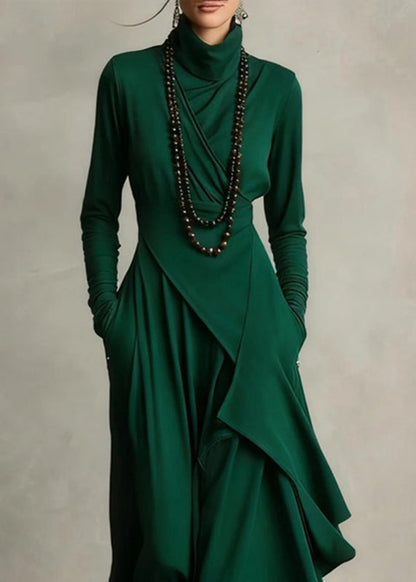 Green Turtleneck Patchwork Solid Maxi Dress Fall