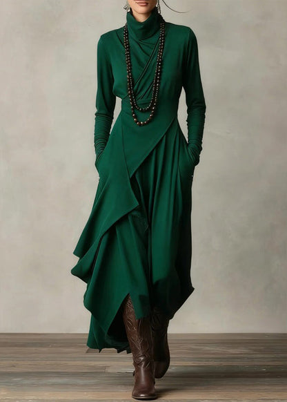 Green Turtleneck Patchwork Solid Maxi Dress Fall