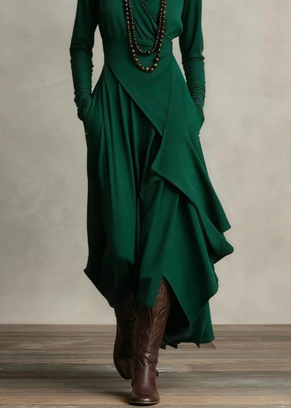Green Turtleneck Patchwork Solid Maxi Dress Fall