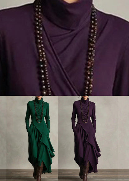 Green Turtleneck Patchwork Solid Maxi Dress Fall