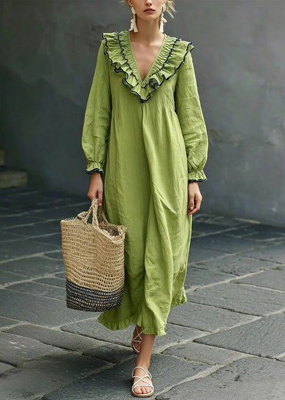 Green V Neck Solid Long Dress Puff Sleeve