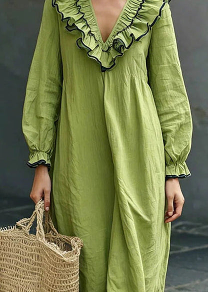 Green V Neck Solid Long Dress Puff Sleeve