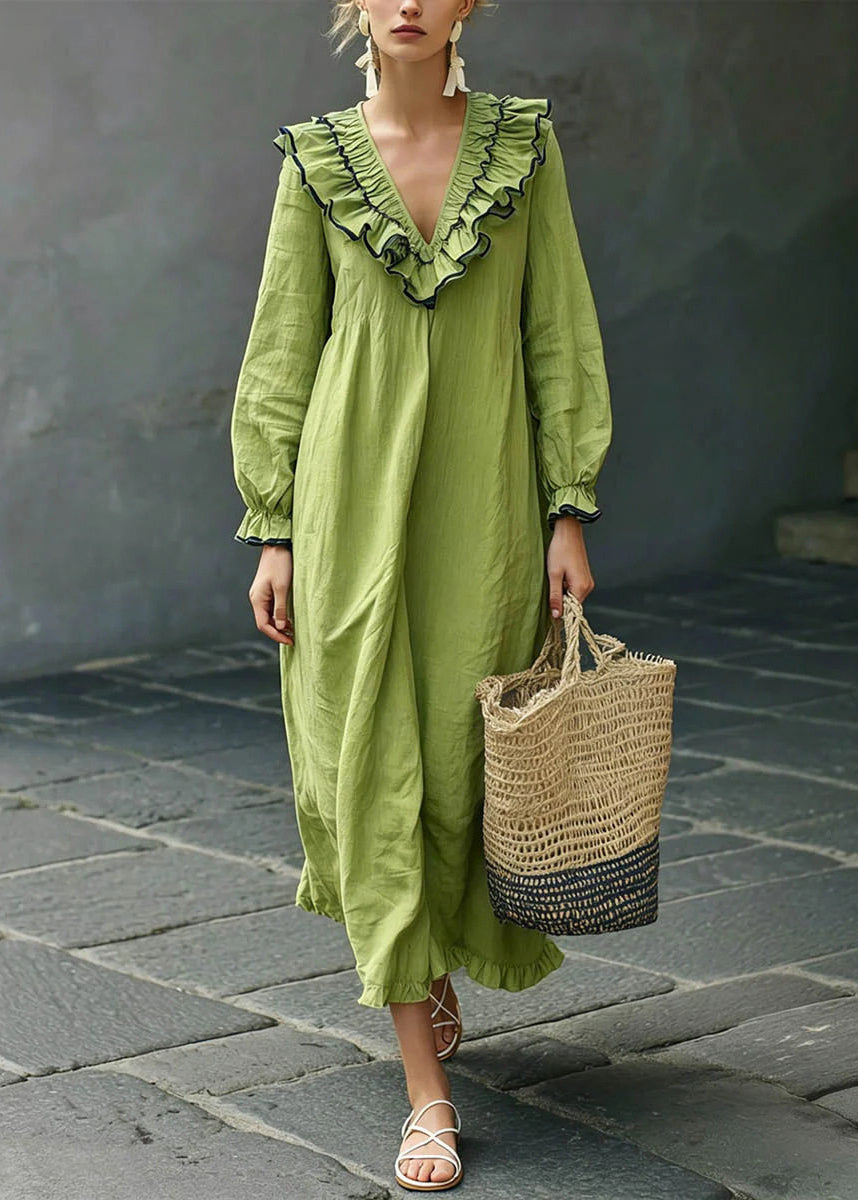 Green V Neck Solid Long Dress Puff Sleeve