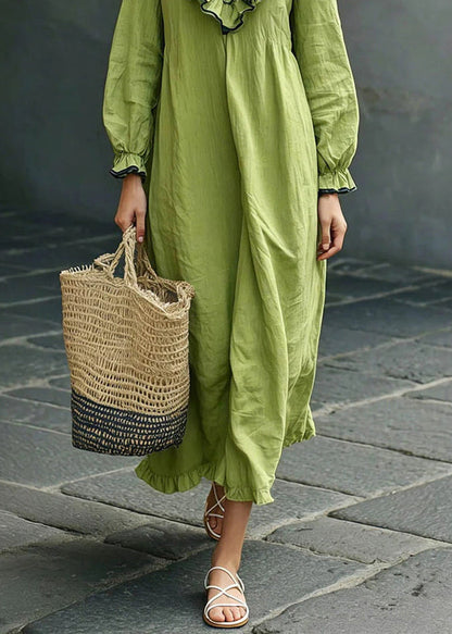 Green V Neck Solid Long Dress Puff Sleeve