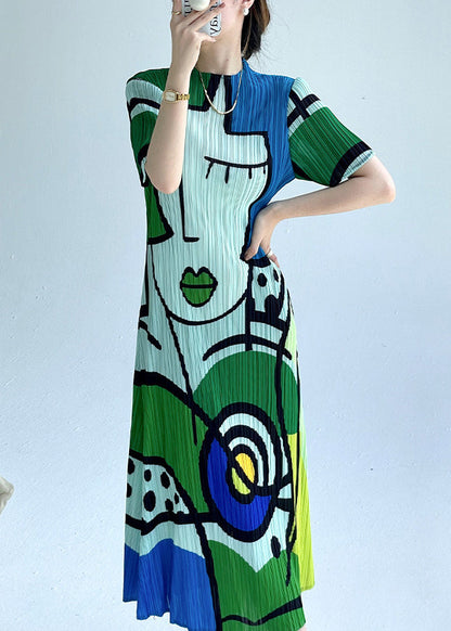 Green Wrinkled Cotton Dress O Neck Short Sleeve