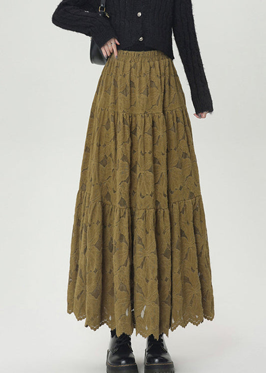 Green Wrinkled Lace Warm Fleece Skirt Elastic Waist