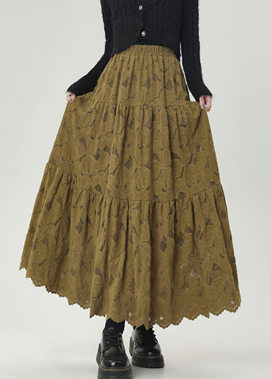 Green Wrinkled Lace Warm Fleece Skirt Elastic Waist