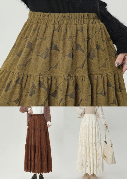 Green Wrinkled Lace Warm Fleece Skirt Elastic Waist