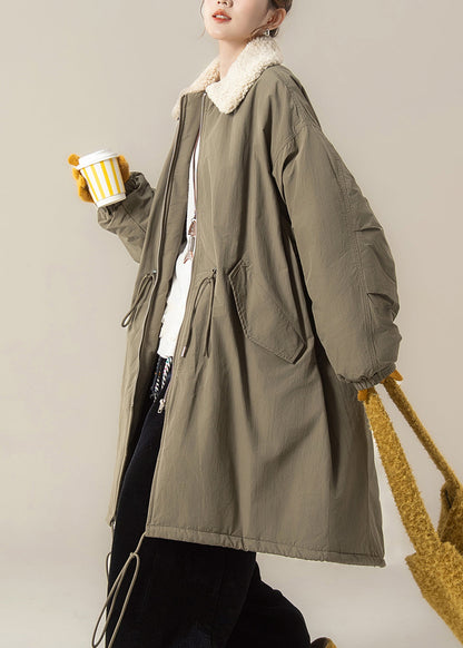 Green Zippered Drawstring Solid Maxi Parkas Lantern Sleeve