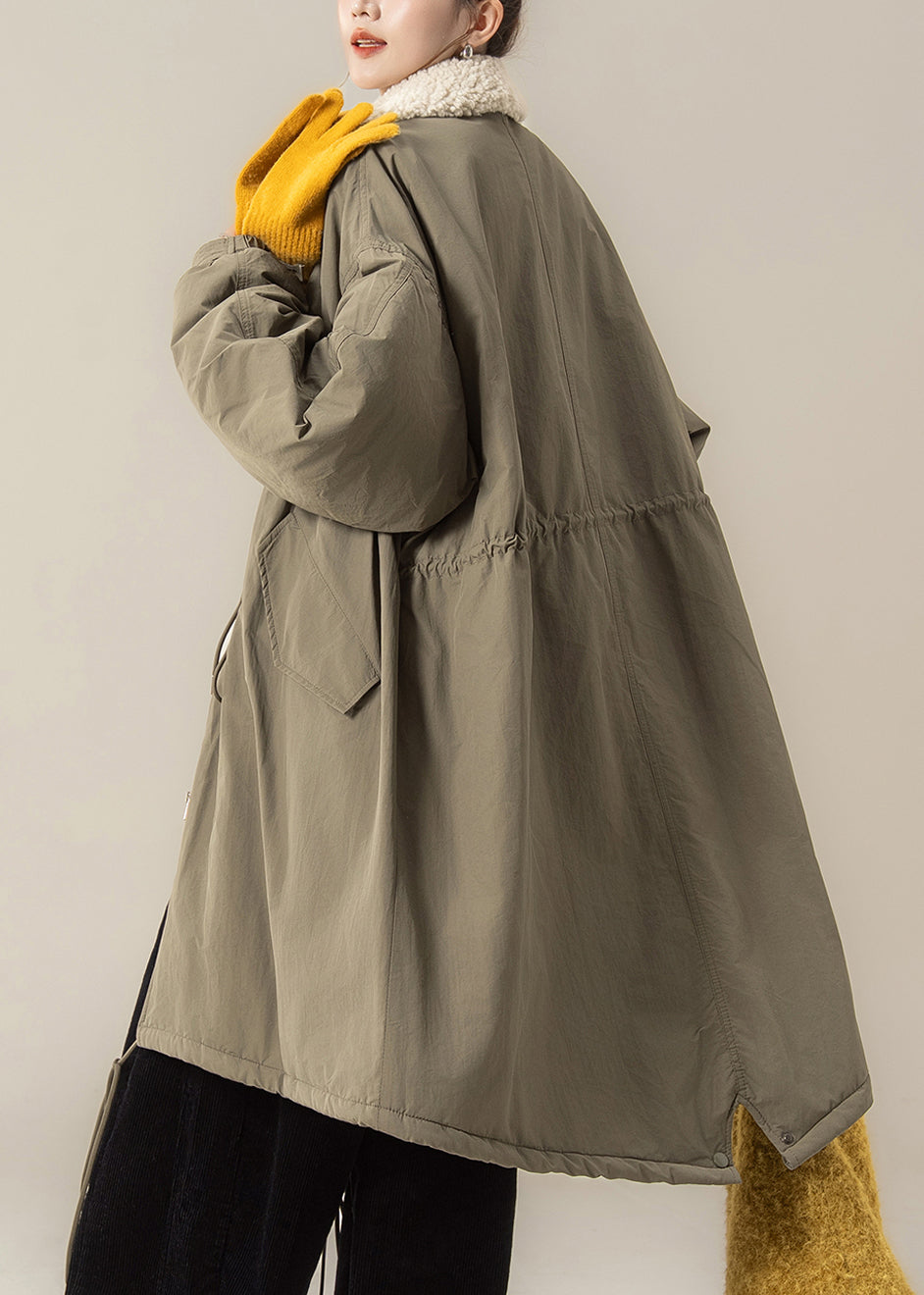 Green Zippered Drawstring Solid Maxi Parkas Lantern Sleeve