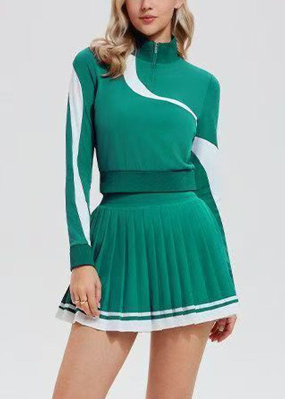 Green Zippered Patchwork Tennis Sportswear Two-Piece Set Spring