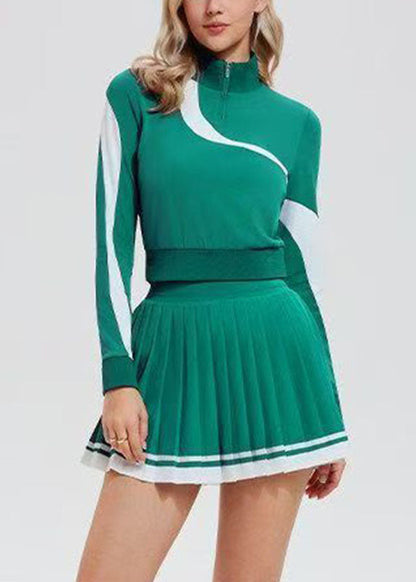 Green Zippered Patchwork Tennis Sportswear Two-Piece Set Spring