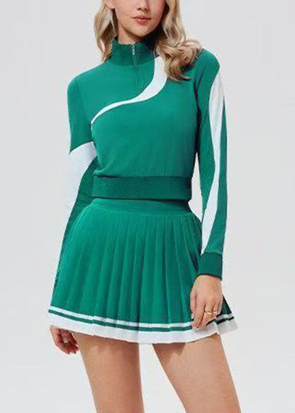 Green Zippered Patchwork Tennis Sportswear Two-Piece Set Spring
