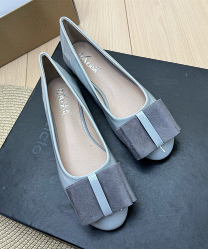 Grey Bow Faux Leather Soft Splicing Plus Size Flat Shoes For Women