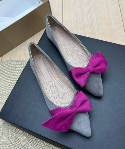 Grey Bow Women Splicing Flat Shoes Pointed Toe