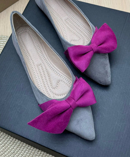 Grey Bow Women Splicing Flat Shoes Pointed Toe