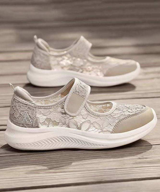 Grey Brown Lace Breathable Mesh Flat Shoes Splicing Buckle Strap