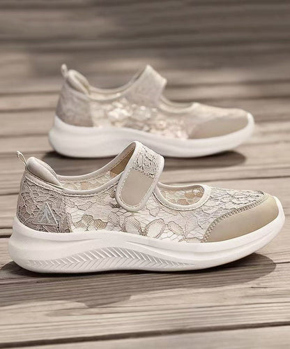 Grey Brown Lace Breathable Mesh Flat Shoes Splicing Buckle Strap