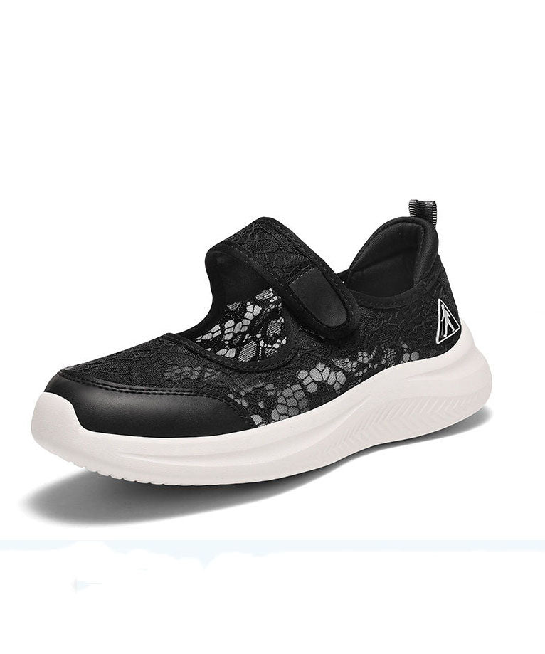 Grey Brown Lace Breathable Mesh Flat Shoes Splicing Buckle Strap