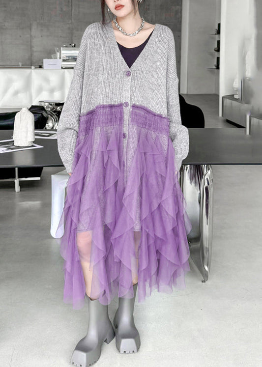 Grey Button Cotton Knit Long Sweater Dress V Neck Fall