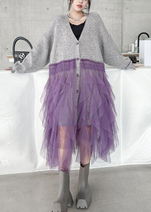 Grey Button Cotton Knit Long Sweater Dress V Neck Fall