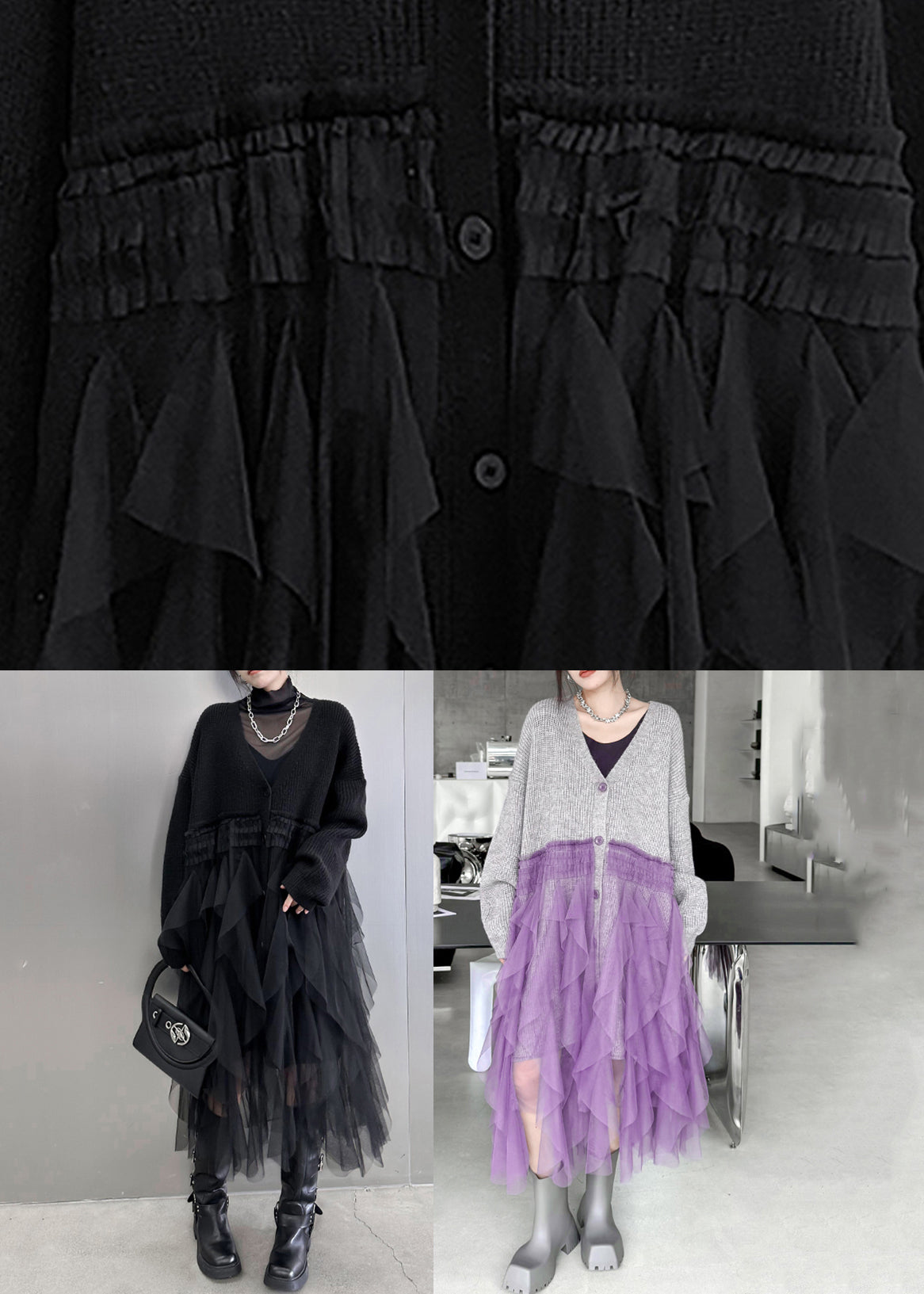 Grey Button Cotton Knit Long Sweater Dress V Neck Fall