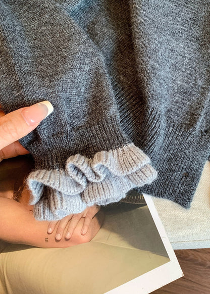 Grey Button Cozy Patchwork Knit Winter Coats Ruffled