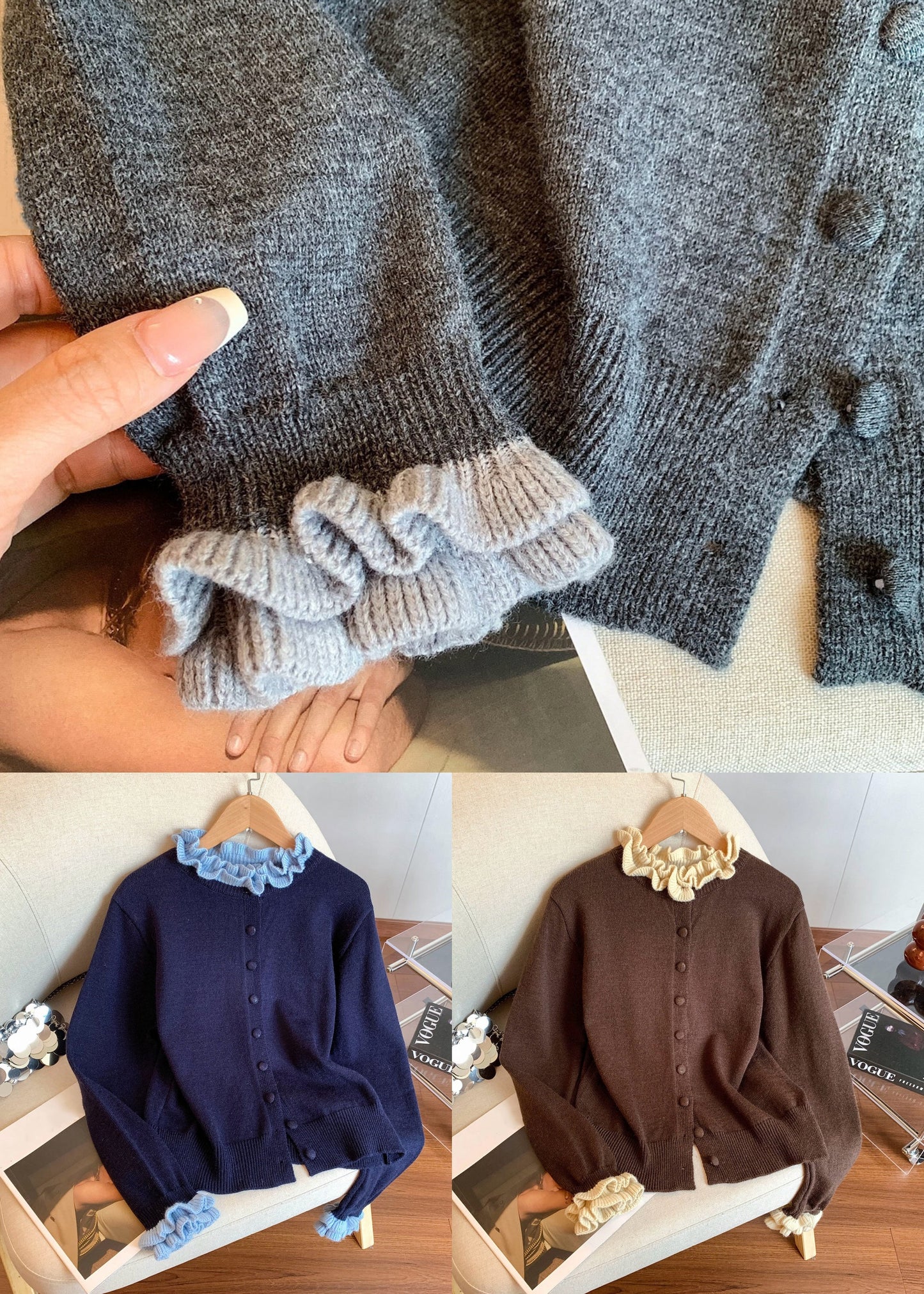 Grey Button Cozy Patchwork Knit Winter Coats Ruffled