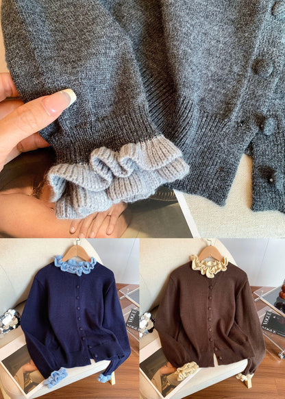 Grey Button Cozy Patchwork Knit Winter Coats Ruffled