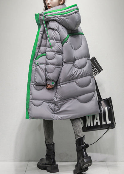 Grey Button Pockets Duck Down Winter Down Long Coat Hooded