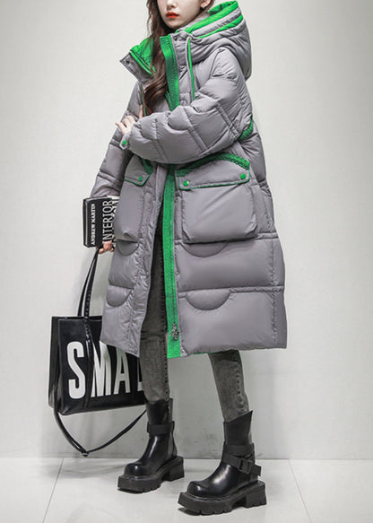 Grey Button Pockets Duck Down Winter Down Long Coat Hooded