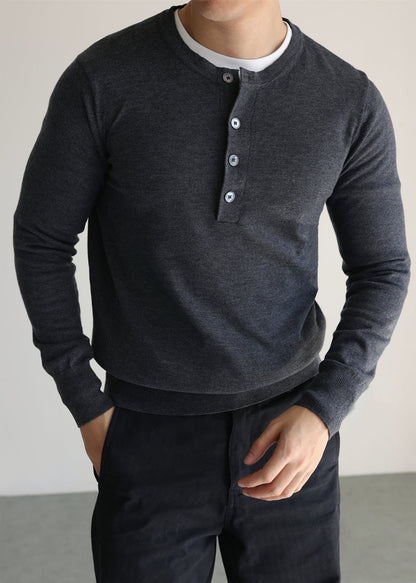 Grey Button Solid Woolen Knit Men Sweater O Neck