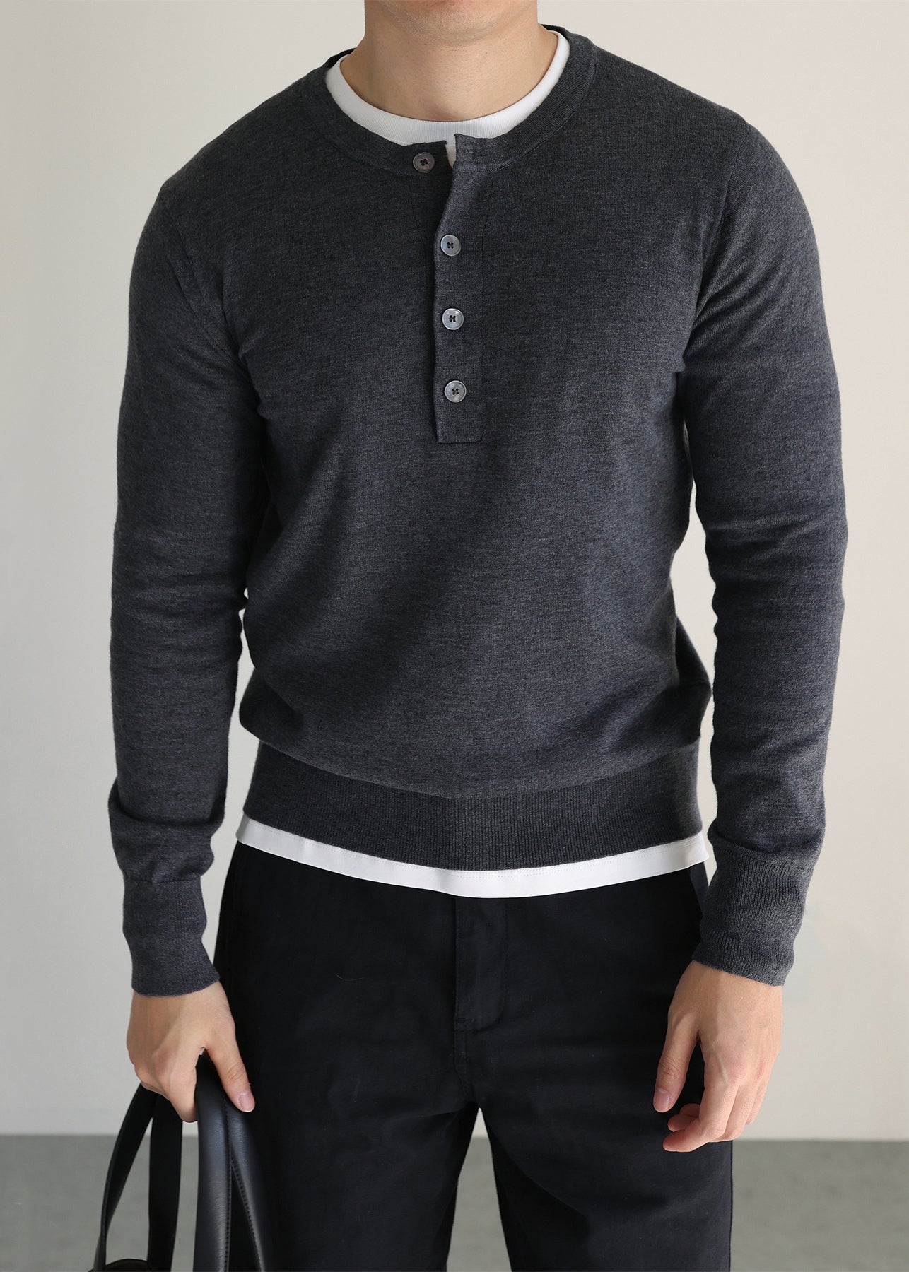 Grey Button Solid Woolen Knit Men Sweater O Neck