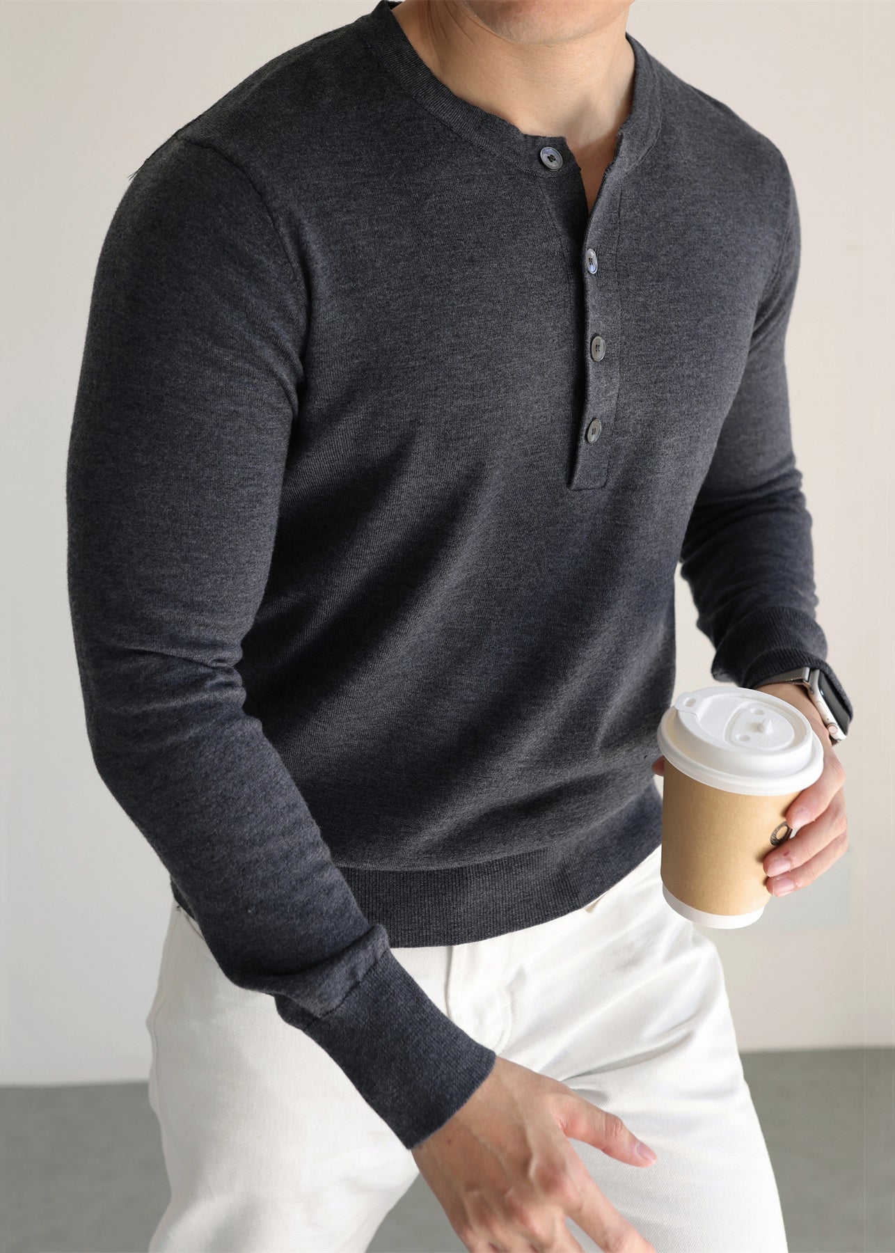 Grey Button Solid Woolen Knit Men Sweater O Neck