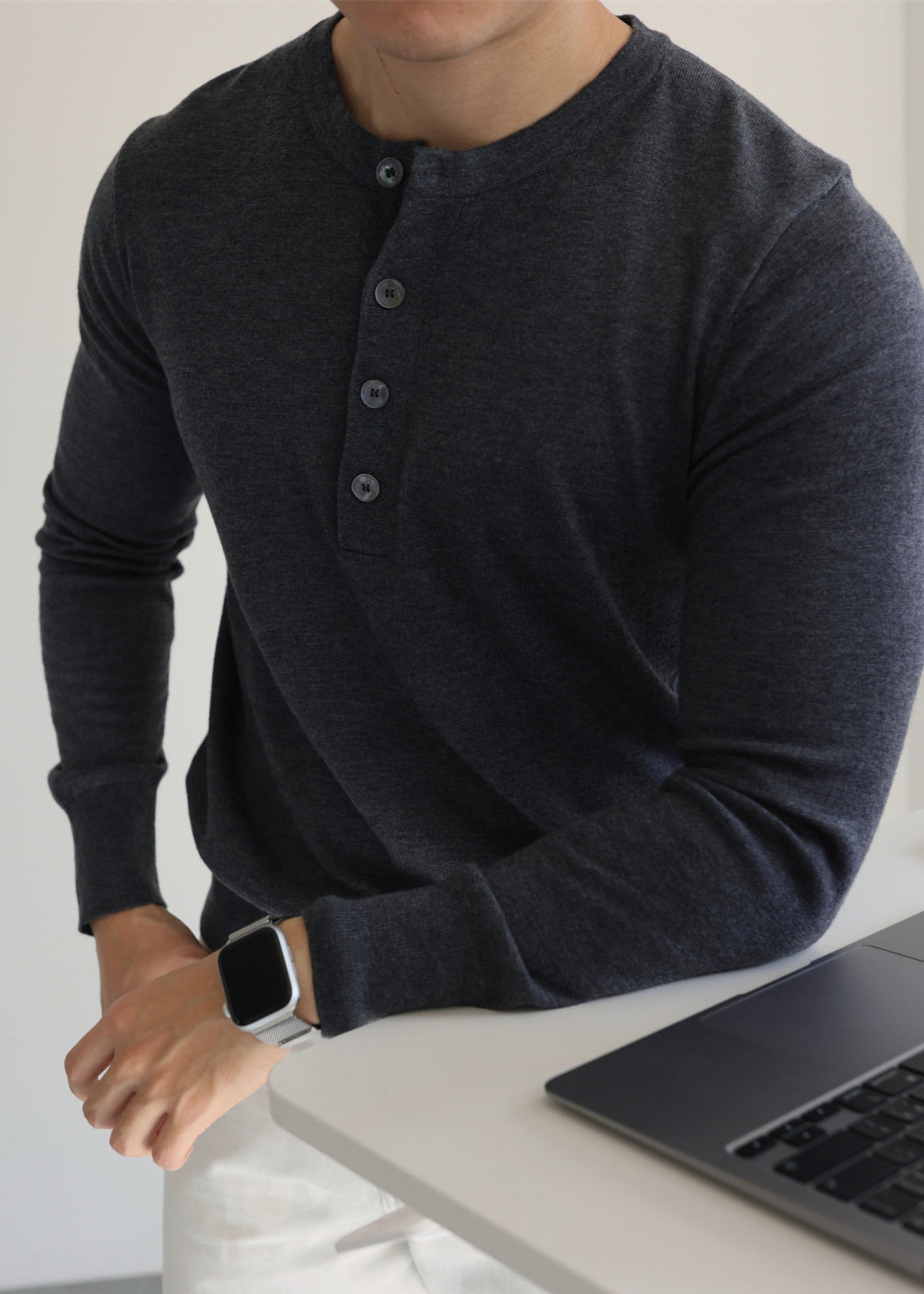 Grey Button Solid Woolen Knit Men Sweater O Neck