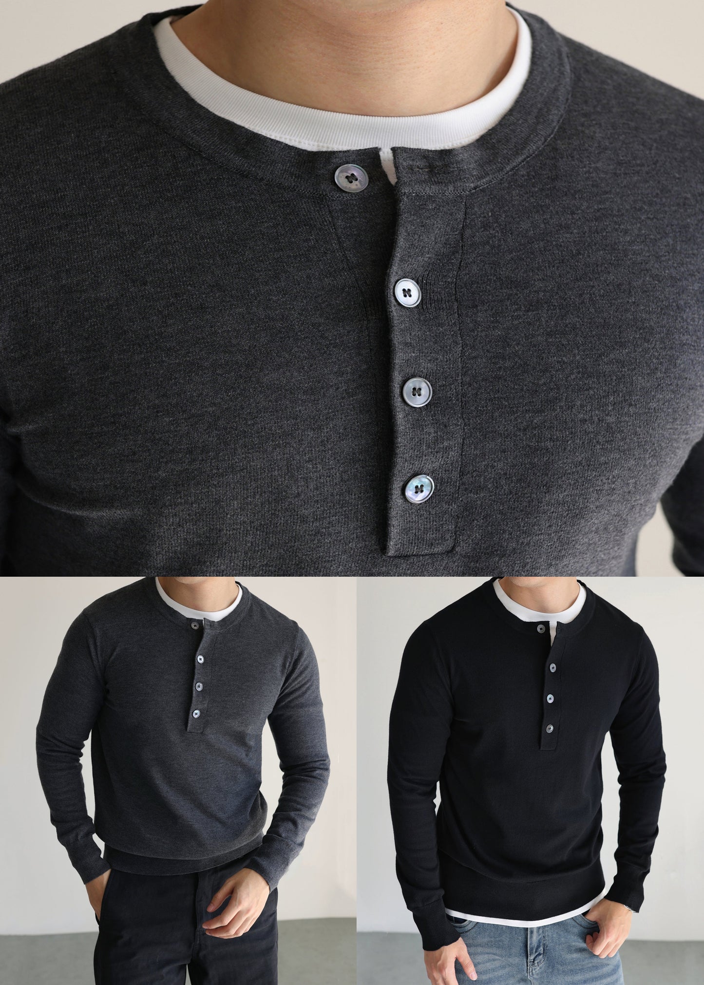 Grey Button Solid Woolen Knit Men Sweater O Neck