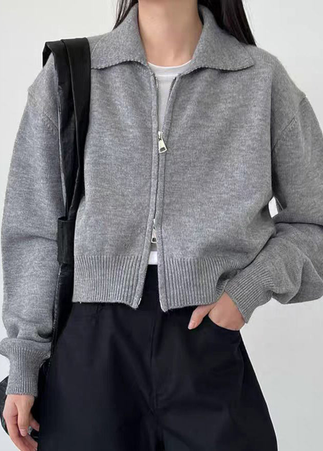 Grey Cotton Knit Cardigan Peter Pan Collar Long Sleeve