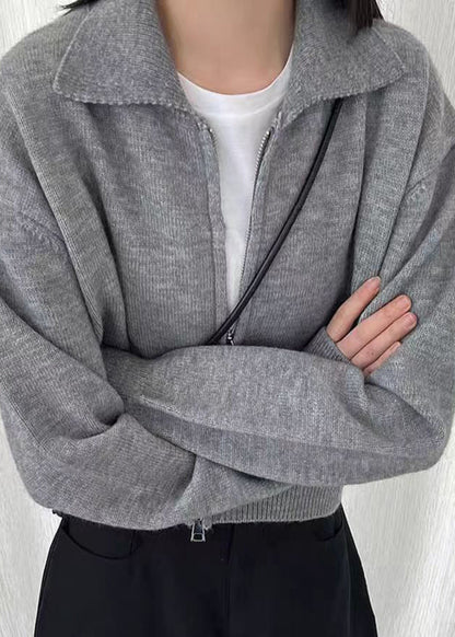 Grey Cotton Knit Cardigan Peter Pan Collar Long Sleeve