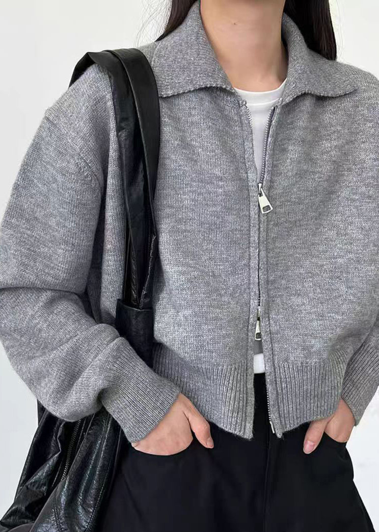 Grey Cotton Knit Cardigan Peter Pan Collar Long Sleeve