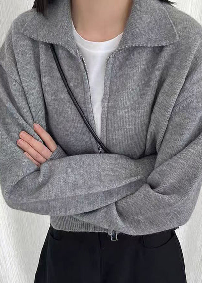 Grey Cotton Knit Cardigan Peter Pan Collar Long Sleeve