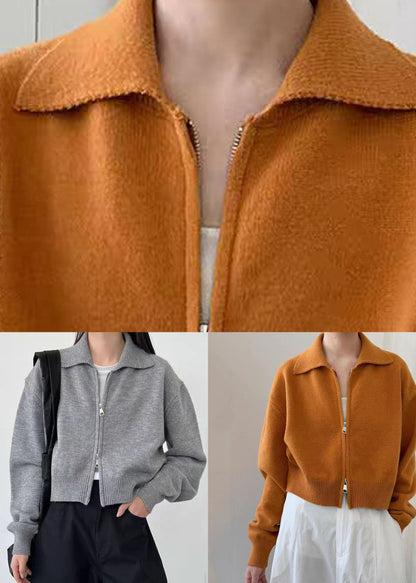 Grey Cotton Knit Cardigan Peter Pan Collar Long Sleeve