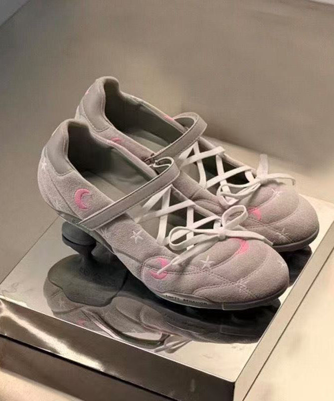 Grey Cowhide Leather Lace Up Embroideried Splicing High Heels
