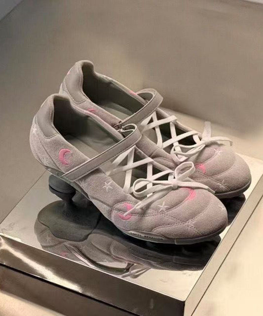 Grey Cowhide Leather Lace Up Embroideried Splicing High Heels