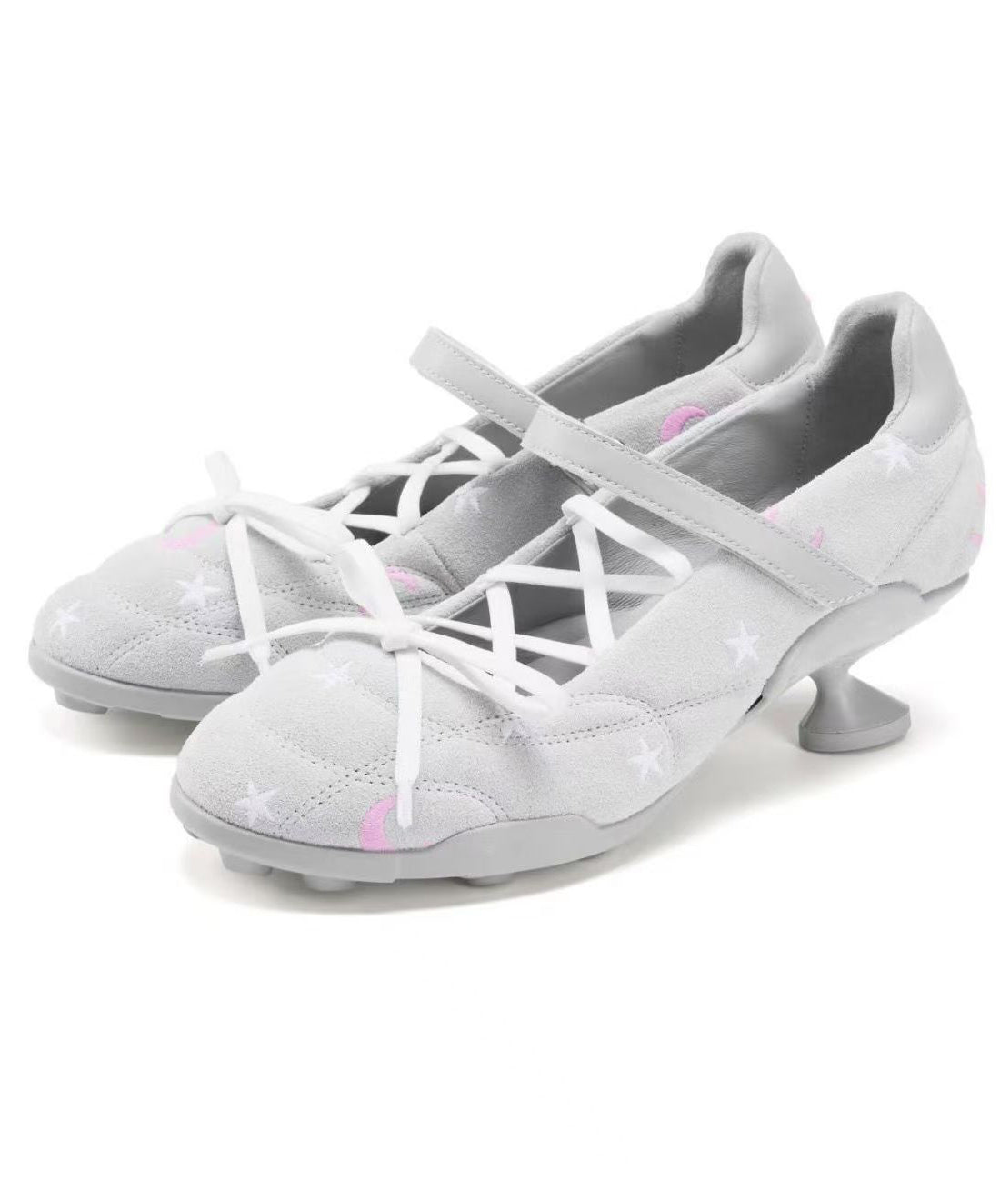 Grey Cowhide Leather Lace Up Embroideried Splicing High Heels